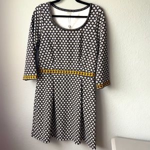 Max Studio Black Gold Floral Geometric Three-Quarter Sleeve A-Line Dress L NWT